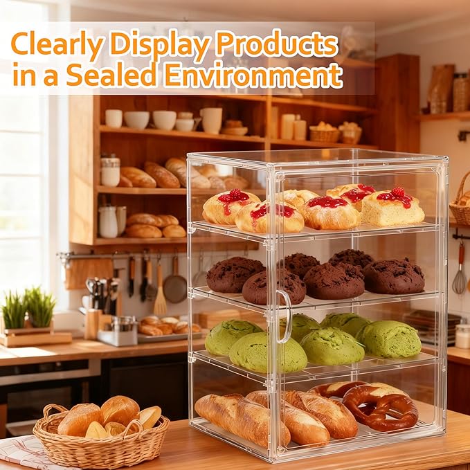 Pastry Display Case, Acrylic Bakery Display Case 3-Tier Pastry Display Cabinet with Removable Shelves and Front Door, Clear Bread Display Box for Bakery, Coffee Shop, Buffet