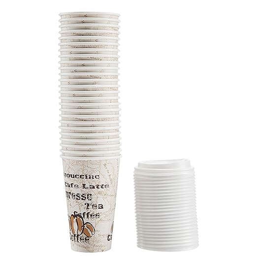 Amazon Basics To Go Hot Paper Coffee Cups with Lids, 16 oz, Café Design, Disposable, 100-Count