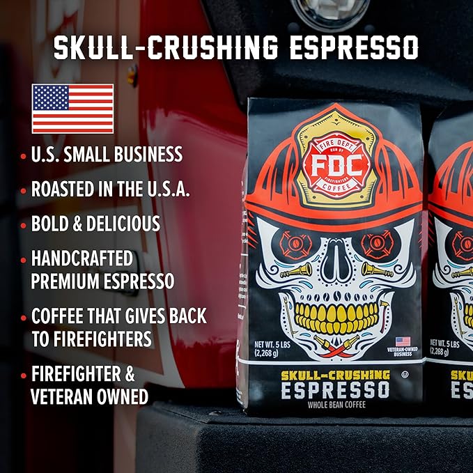 Fire Department Coffee - Gives Back to Firefighters - Full-Bodied & Bold Skull Crushing Espresso Coffee Beans - Roasted in the USA - Premium Espresso Beans - Veteran Owned - Bulk 5 LB