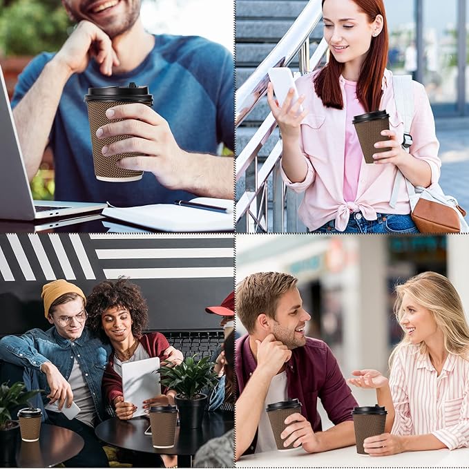 LITOPAK 80 Pack 12 oz Paper Coffee Cups, Insulated Ripple Wall Hot Coffee Cups with Lid and Straws, Brown Three Layer Insulated Hot Beverage Cups for Parties, Picnic, and Travel