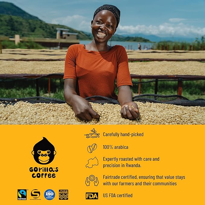 Gorilla's Coffee 100% Arabica - Medium Roast Whole Bean Coffee, Fair Trade, Full Bodied, with Notes of Dark Chocolate | Premium Rwandan Coffee | Rich, Flavorful, and Aromatic (1000g/35.2oz)
