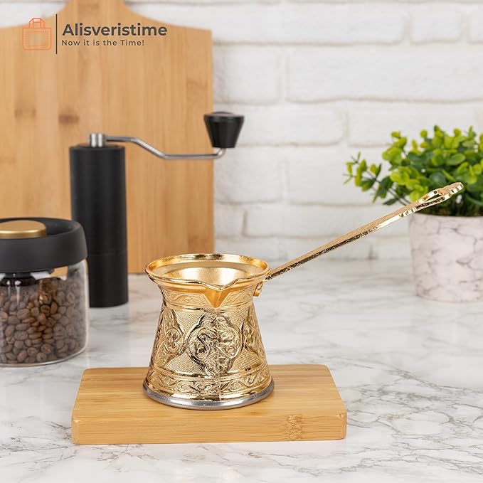Alisveristime Authentic Turkish Coffee Pot, Handmade Cezve/Ibrik, 2.95-Inch Width, 2.95-Inch Height - 10.14 Ounce Enhance Your Coffee Experience Now! (3 Cup) (Gold)