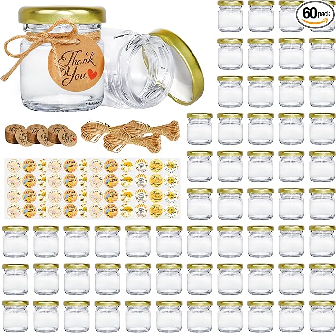 Mini Honey jars 1.5oz, 60 pcs Honey Jars with 60 Bee Stickers,Tags,Jutes Rope,Mini Honey Jars with Lids, Perfect for Candle Jar,Spices,Jams,Baby Shower, Wedding Favors, Party Favors