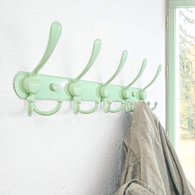 Dseap Coat Rack Wall Mounted - 5 Tri Hooks, Heavy Duty, Stainless Steel, Metal Coat Hook Rail for Coat Hat Towel Purse Robes Mudroom Bathroom Entryway (Green, Pack of 2)