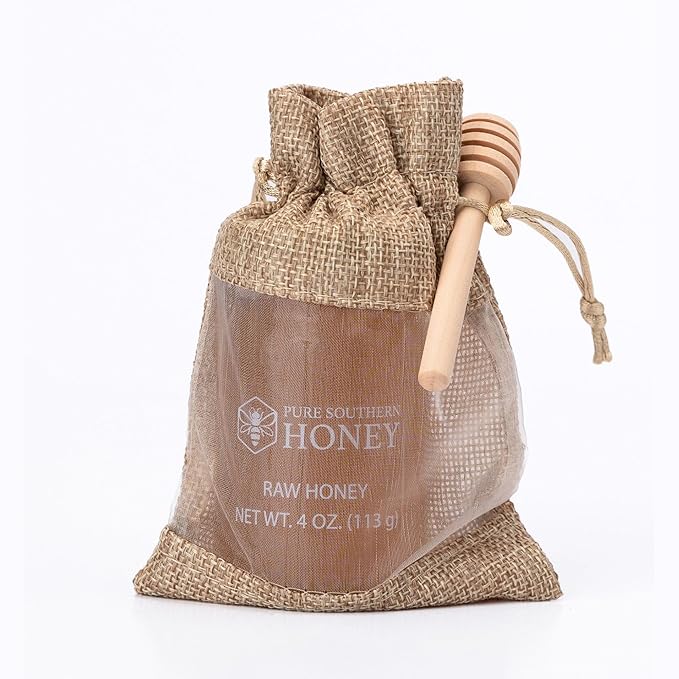 100% Authentic, USA – Made [ 4 oz ] MINI Raw Unfiltered Honey Gourmet Gift Bag with Dipper, Pure Southern Honey - Unheated - Non - GMO, No Additives, All - Natural Sweetener- Environmental-Friendly Glass Jar
