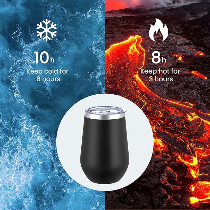 MEWAY 12oz/4 Pack Wine Tumbler Glasses with Lid - Stemless Double Wall Vacuum Stainless Steel Tumblers Keeping Cold & Hot for Wine - Family and Gifts, Ideal for Travel and Office(Black,Set of 4)