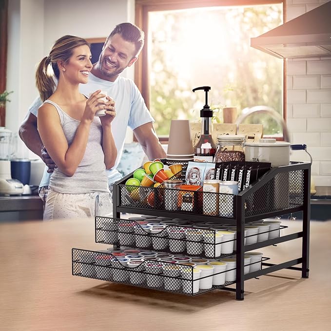 Coffee Bar Organizer - Coffee Station for Countertop, Metal and Wood K Cup holder Storage Basket for Syrup, Cups, Stirrer, Condiment, Tea Organizer, Black