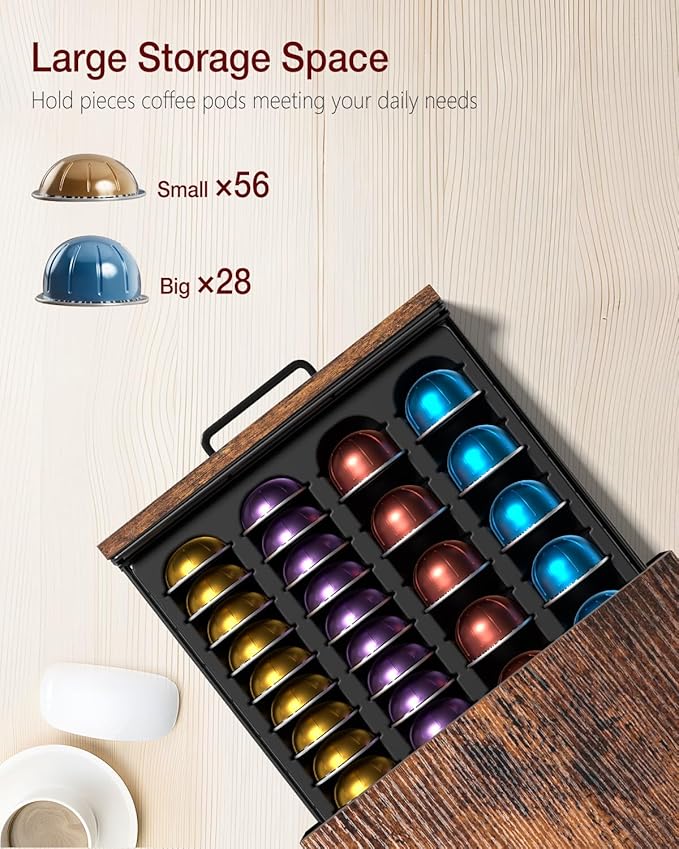 Evermagin Coffee Pod Holder, Vertuo Pod Holder Compatible with Nespresso, 28 Large or 56 Small Nespresso Capsule Organizer Drawer Station with Cup Rack, Rustic Brown
