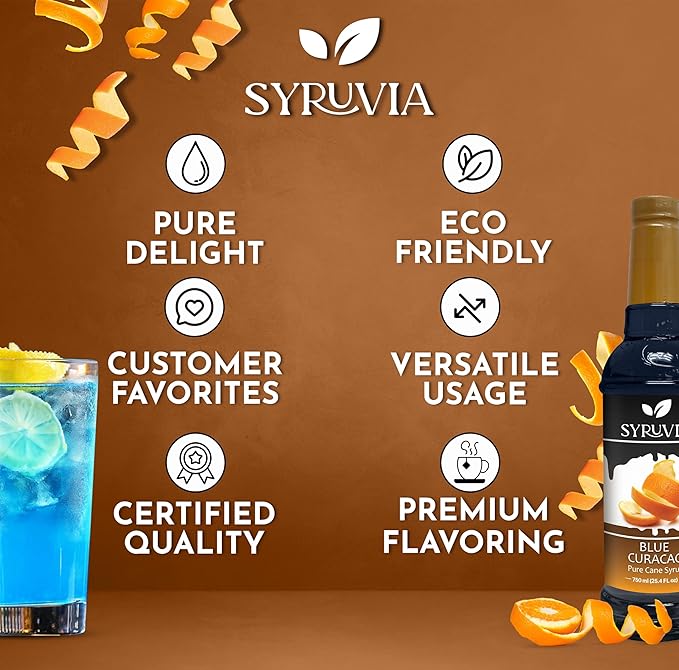 Syruvia Blue Curacao Syrup, Flavored Syrup for Cocktails, Drinks, Lemonades, Iced Teas, and Desserts – 25.4 fl oz, With Pump