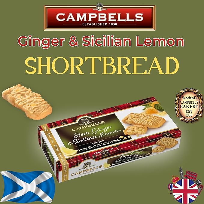 Campbells Shortbread with Stem Ginger & Sicilian Lemon 4.41 Oz (Pack of 3) - Pure Butter Scottish Shortbread Cookies from Scotland, Ginger Lemon Cookies, Gourmet British Tea Biscuits & Gift Box