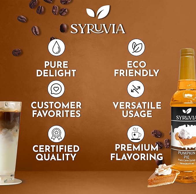 Syruvia Pumpkin Pie Coffee Syrup, Flavored Syrup for Drinks, Lattes, and Desserts – 25.4 fl oz