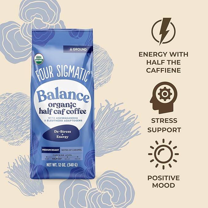 Four Sigmatic Organic Balance Adaptogen Ground Coffee | Medium Roast USDA Organic Coffee with Ashwagandha, Chaga Mushroom, Eleuthero and Tulsi for Focus and Energy Boosting | 12oz Bag