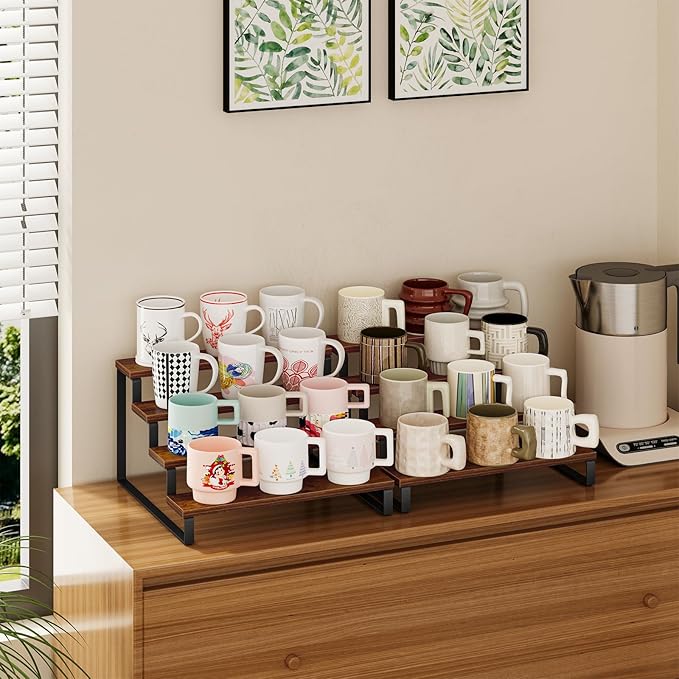 Giikin 4 Tier Spice Rack, Set of 2 Wooden Spice Rack for Countertop, Kitchen Counter Storage Shelves Cupcake Stand Holder Display Stand, Rustic Brown