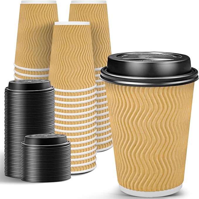 Ginkgo 100 Pack Disposable Coffee Cups with Lids 12oz, Insulated Ripple Wall To Go Paper Hot Cups - Beige