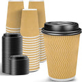 Ginkgo 100 Pack Disposable Coffee Cups with Lids 12oz, Insulated Ripple Wall To Go Paper Hot Cups - Beige