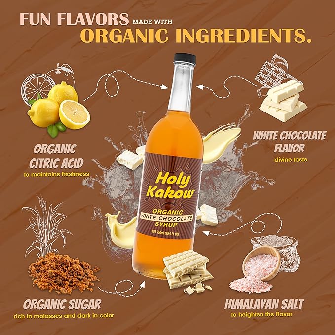 Holy Kakow Organic White Chocolate Syrup - Coffee Syrup, White Mocha Syrup, Organic Syrup for Coffee, White Chocolate Mocha Syrup, Coffee Flavoring Syrup, Add to Latte, Cocktail or Shake - 750ml