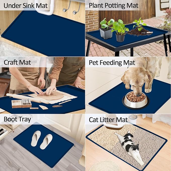 TOHONFOO Silicone Coffee Maker Mat with Lip, 19.7'' x 15'' Heavy Duty Coffee Maker Mat for Countertops, Coffee Tray Fit Under Coffee Machine Appliance Automatic Machines Espresso Accessory, Navy Blue