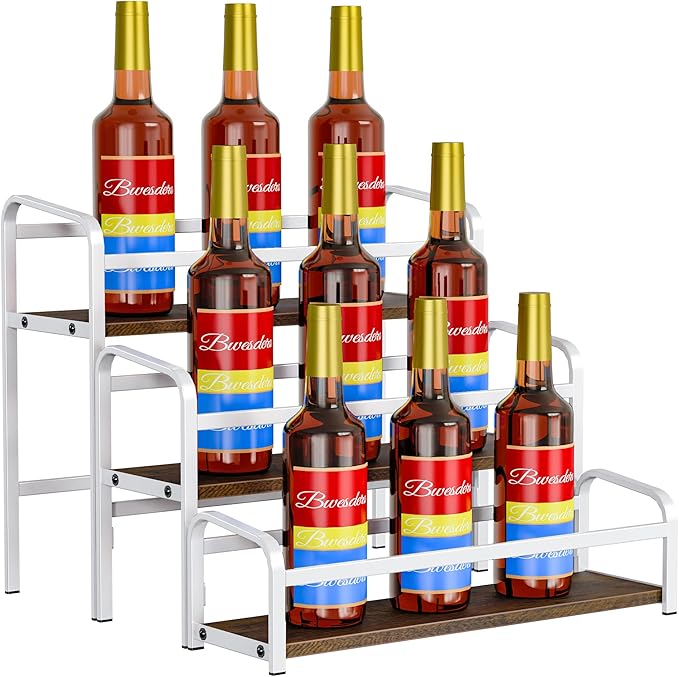Coffee Syrup Rack Organizer, Wine Racks, Spice Racks, 3-Tier (Magnetic Connection) 12 Bottles Storage Shelves for Syrup Bottle Holder Stand for Coffee Bar, Kitchen Countertop, Rustic Brown & White