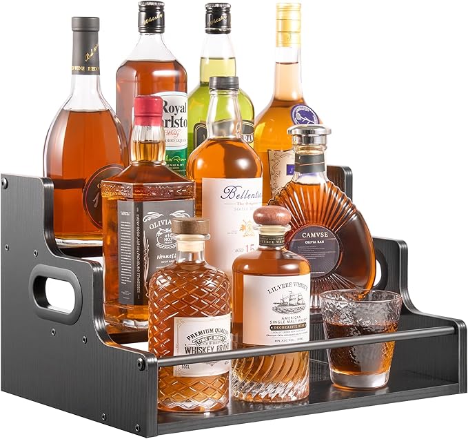 3-Tier Liquor Bottle Display Shelf,Coffee Syrup Rack Organizer,Water Bottle Organizer, Mini Bar Cabinet, Rustic Bar Shelves for for Liquor Whiskey, Spirits（Black）