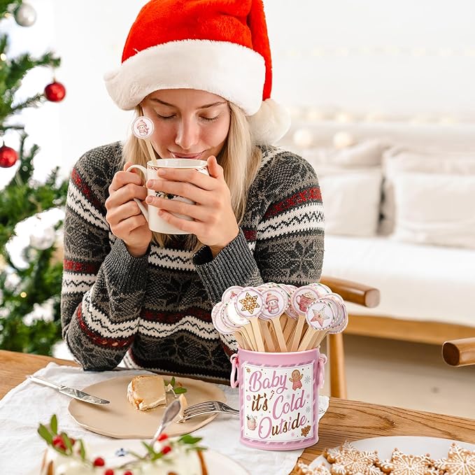 121 Pcs Christmas Wooden Coffee Stirrers with Holder and Wood Cocktail Coffee Stir Sticks Baby It's Cold Outside Disposable Drink Stirrers for Stirring Hot Restaurant Home Office(Pink)