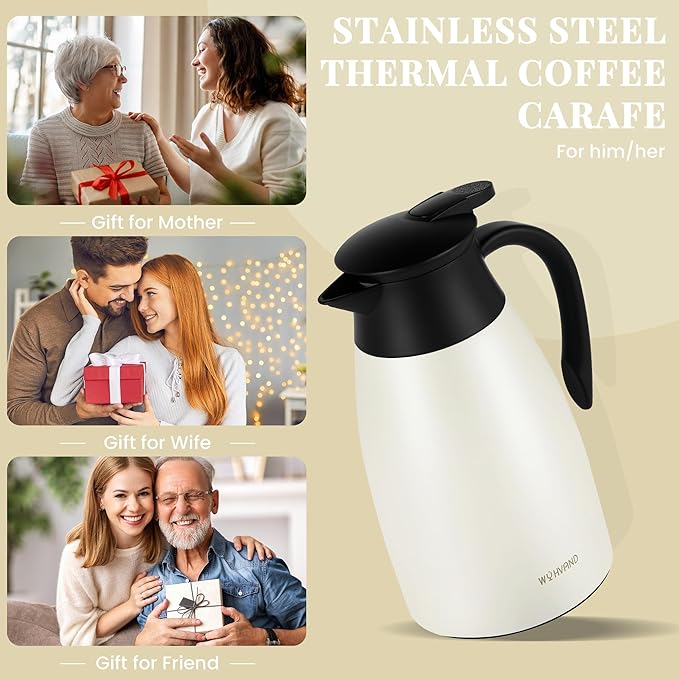 51 Oz Thermal Coffee Carafe, Stainless Steel Insulated Vacuum coffee crafts to keep coffee hot, 1.5 Liter Tea Water Coffee and Beverage Dispenser (Cream)