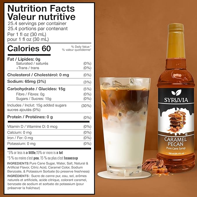 Syruvia Coffee Syrup, Caramel Pecan Flavored Syrup for Drinks, Lattes, and Desserts – 25.4 fl oz