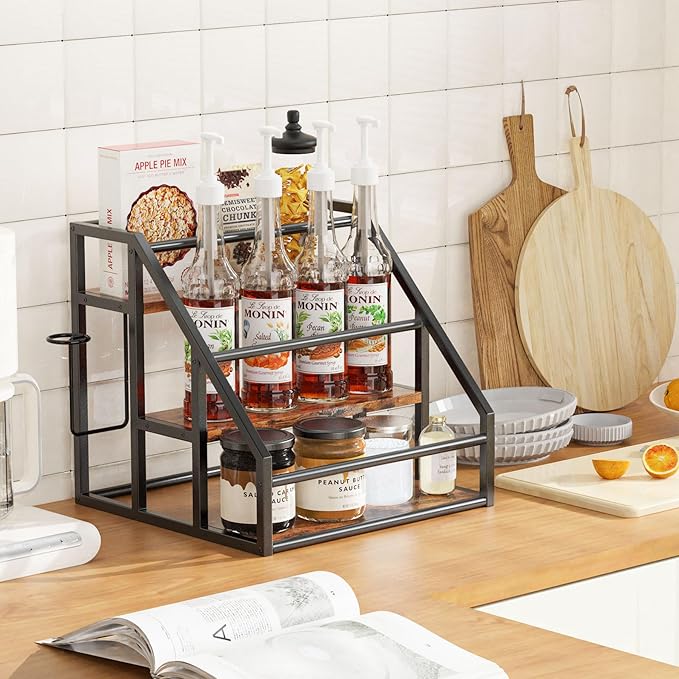 Coffee Syrup Rack Organizer, 3 Tier Countertop Storage Shelves, Kitchen Storage, 12 Syrup Bottle Stand Holder for Wine, Liquor, Kitchen Coffee Station Organizer Rack, 13.8"x13.4"x13.0", Rustic Brown