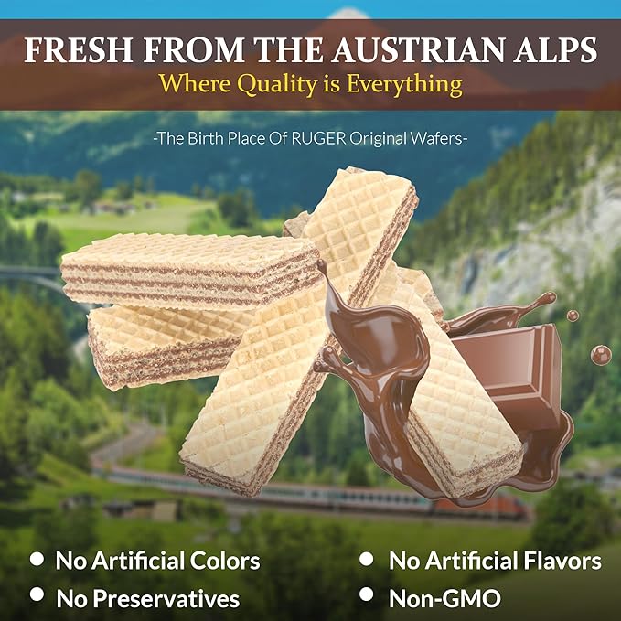 Ruger Wafers Austrian Chocolate Wafers, 2.125 Ounce (Pack of 12) - Crisp, Creamy, Delicious Chocolate Treats with Natural Ingredients and Extended Shelf Life, Perfect for Snacking, Desserts, and Anytime Indulgence