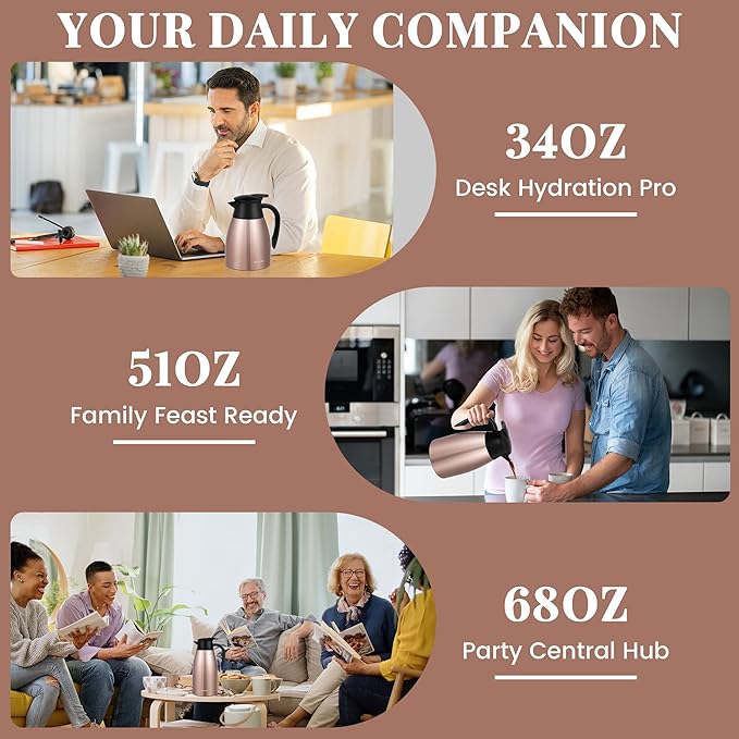 68 Oz Thermal Coffee Carafe, Stainless Steel Insulated Vacuum coffee crafts to keep coffee hot, 2 Liter Tea Water Coffee and Beverage Dispenser (Copper)