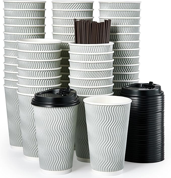 MUCHII 16 oz Disposable Coffee Cups, 80 Count Silver Grey Insulated Ripple To Go Cups With Lids and Straws for Tea, Hot Chocolate, and Drinks
