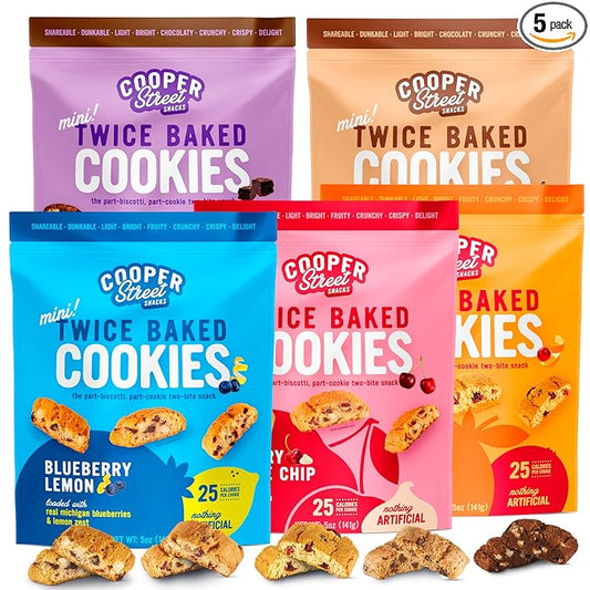 Cooper Street Twice Baked Biscotti Cookies Variety Pack - 5 Pack (5oz Each) - Light and Crispy Coffee Cookies 5 Flavors Assortment - Low-Calorie Snacks for Adults & Kids - Dairy & Peanut Free, Kosher