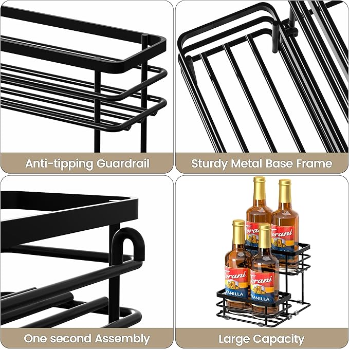 Coffee Syrup Rack Organizer, Syrup Bottle Holder Stand for Coffee Bar, 2-Tier 10 Bottles Storage Shelves for Syrup, Wine, Dressing for Kitchen Countertop (10 Bottles Black)