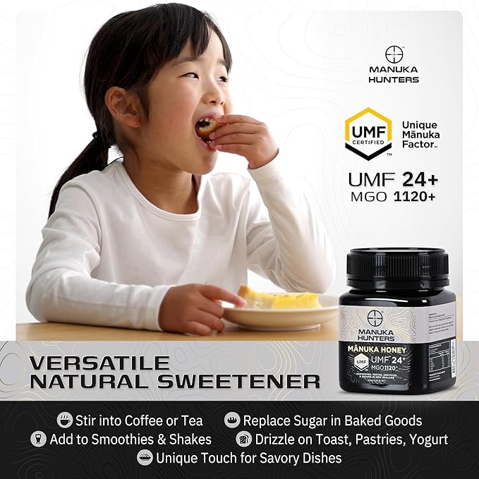 Manuka Hunters UMF 24+/MGO 1120+ Certified New Zealand Manuka Honey - 100% Pure Natural Sweetener - Gluten, Dairy Free - Ideal for Tea, Coffee, Smoothies, and Baking - Sustainable - 8.8oz/250g Jar