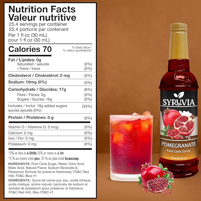 Syruvia Pomegranate Syrup, Flavored Syrup for Drinks, Cocktails, Lemonades, Iced Teas, and Desserts – 25.4 fl oz