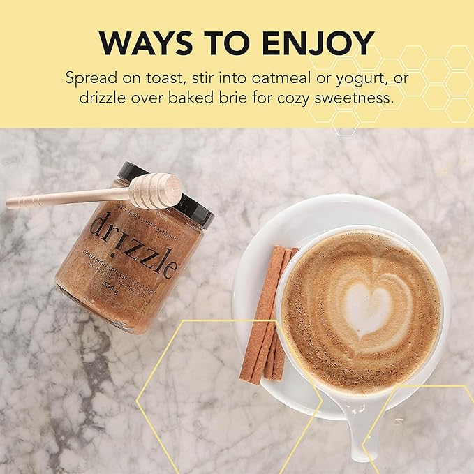 Drizzle Cinnamon Spiced Raw Honey - All Natural Pure Raw Honey with Organic Cinnamon, Unfiltered & Unheated, Use in Tea & Coffee, Sugar Substitute, Certified Kosher - 13.2 oz Jar (375 g)