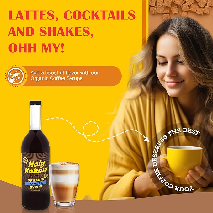 Holy Kakow Cafe Organic Panela Syrup - Panela Syrup, Coffee Syrup, Organic Syrup for Coffee, Panela Syrup for Coffee, Add to Latte, Cocktail and Shake, Real Food Ingredients, Specific Flavor - 750ml