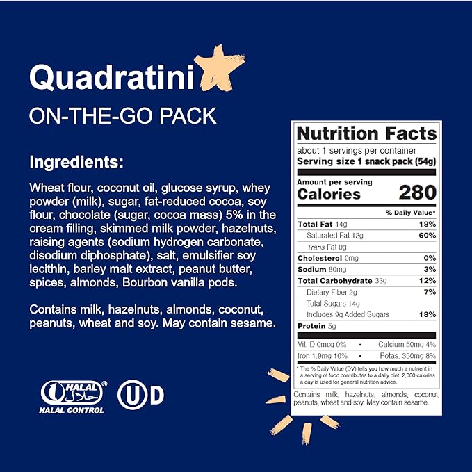 Loacker Quadratini Chocolate Bite-Size Wafer Cookies, Crispy Wafers with 4 Creamy Layers of Chocolate Cream Filling, New On-the-Go Pack, Box of 12