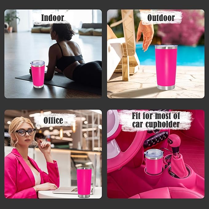 20 oz Tumbler Coffee Travel Tumblers Bulk with Lid Stainless Steel Double Wall Vacuum Insulated Mug Powder Coated Cups fit Car Cupholder for Hot and Cold - Hot Pink, 4Pack