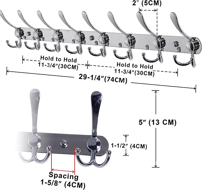 Dseap Coat Rack Wall Mount - 29.5” Long 8-Tri-Hooks Heavy Duty Coat Hanger Rail Wall Hooks for Hanging Coats Hats Clothing Clothes Purse Mudroom Entryway, Chromed