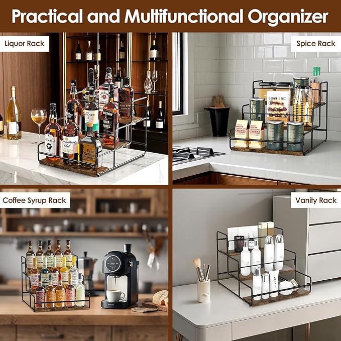 Nuovoware Liquor Bottle Display Shelf, 3-Tier Liquor Shelf, Carbon Steel Bar Cabinet with Wooden Base and Retainer Bar for Whiskey Syrup Wine, Wine Rack for Countertop Kitchen Coffee Bar, Black