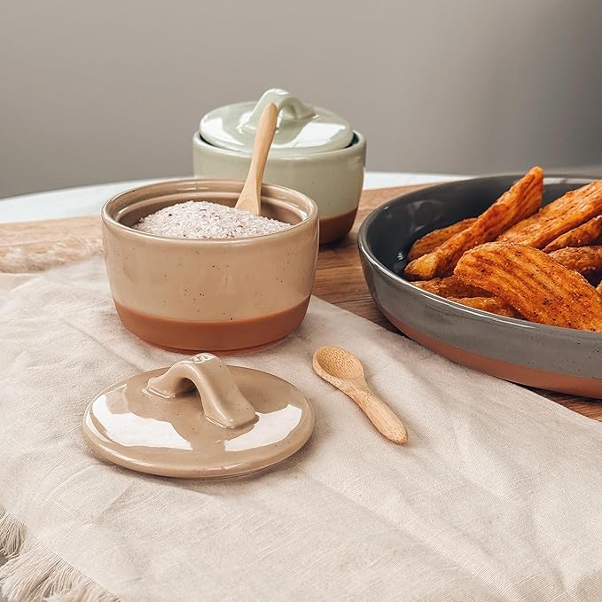 Mora Ceramic Salt and Pepper Cellar Set with Lid - 10 oz Modern Canister/Container/Bowl for Storage, Sea Salt, Spice, Sugar, Countertop - Small Dish/Jar with Wood Spoon, Matcha & Chai Crock