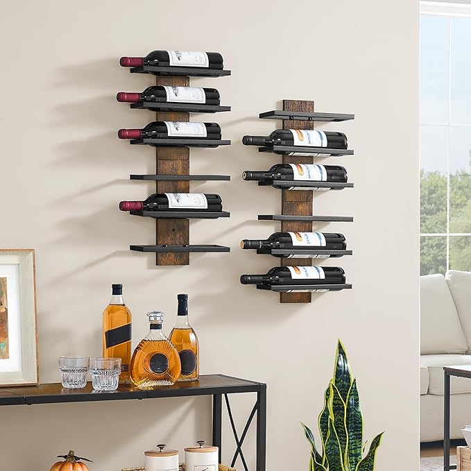 Hoctieon 2-Set 6 Tier Wall Mount Wine Rack, Wall Mounted Wine Bottle Racks for Display and Storage, Hanging Bottle Holder, for Living Room, Dining Room, Bar, Wine Cellar, Rustic Brown