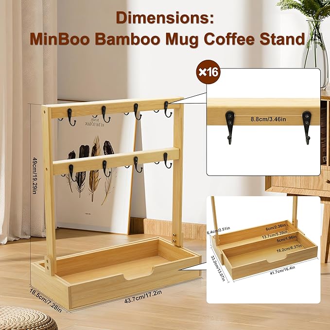 Coffee Mug Holder for Counter Top with 16 Hooks, 2 Tier Coffee Mugs Tree with Coffee Pod Drawer, Bamboo Countertop Mug Rack Shelf, Cups Organizer Stand for Home Coffee Bar Kitchen Storage Display
