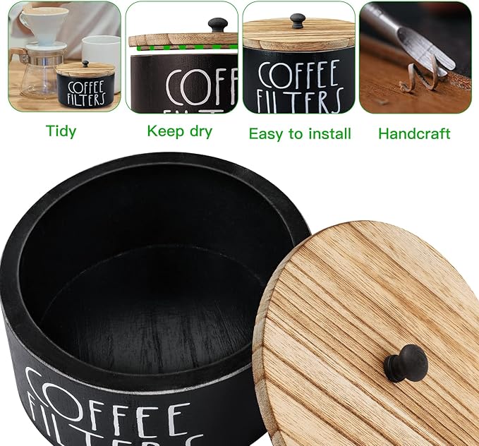Coffee Filter Holder, Wood Coffee Filter Storage Container Dispenser with Lid, Rustic Farmhouse Filters Organizer Basket Accessories for Coffee Bar Counter Decor