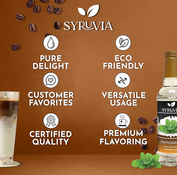 Syruvia Peppermint Syrup for Coffee, Flavored Syrup for Drinks, Lattes, and Desserts – 25.4 fl oz