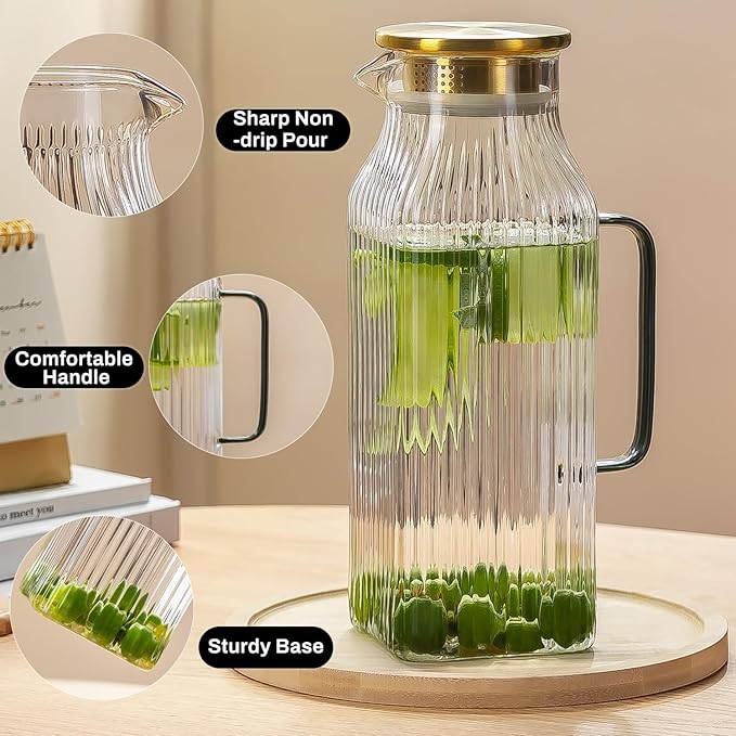 Square Glass Pitcher with Lid and Spout,68 oz/2 Liter Vertical Stripes Water Pitcher for Fridge, Borosilicate Glass Water Carafe for Cold Brew, Coffee, Lemonade, Sun Tea,Heat Resistant