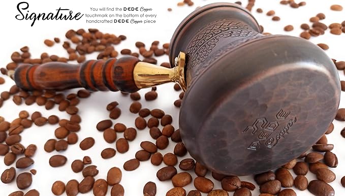 PCZ Series (Small-6 fl.oz) Thickest Solid Copper Engraved/Stamped Turkish Greek Arabic Coffee Pot with Wooden Handle, Stovetop Coffee Maker Cezve Jezve Jazva Jazzve Ibrik Briki (Antique)