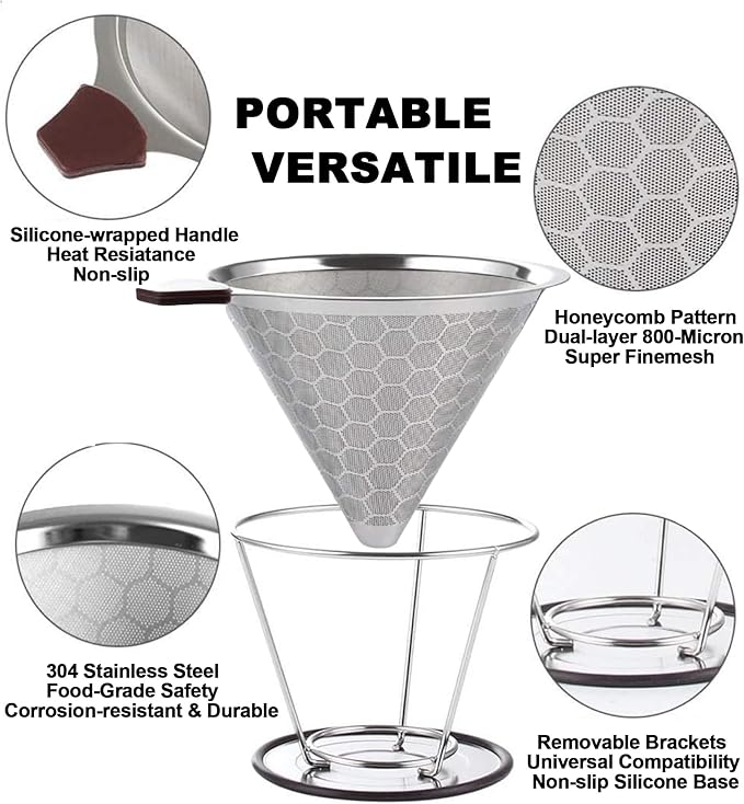 Pour Over Coffee Dripper - 304 Stainless Steel Filter, Paperless & Reusable Dual-Layer Metal with Base, 800 Mesh Steel Cone Filter, for 1-6 Cups Brew Coffee Maker
