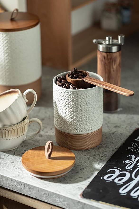 Large Jar with Lid, Ceramic Coffee Container Kitchen Food Storage Jars with Airtight Lids for Spice Cookie Ground Coffee, Decorative Jars for Coffee Countertop, Bar Accessories- White 64 fl.oz