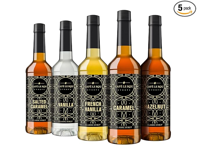 Café Le Rou Coffee Syrup Variety 5-Pack- 25.4 oz Vanilla, French Vanilla, Caramel, Salted Caramel, Hazelnut Coffee Flavoring Syrup for Coffee, Tea and Espresso